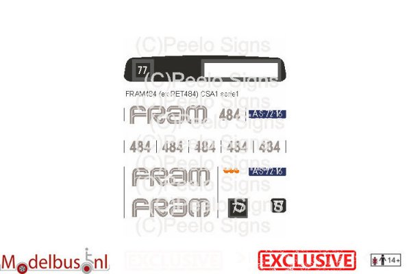 Artitec CSA1 decalset FRAM 484 (RET484) Ameland lijn 77 voor de Artitec CSA1 serie 1 Exclusief verkrijgbaar bij Modelbus.nl